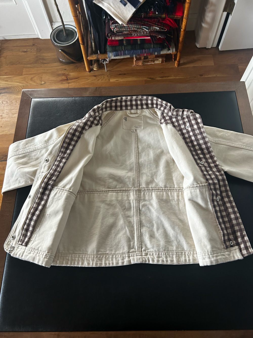 Pilcro Cream Jean Jacket with Plaid Trim - Picture 9 of 9